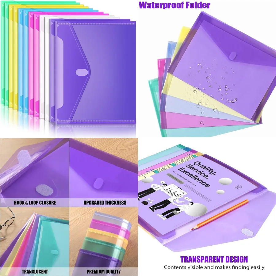 

Sooez 12 Pack Plastic Envelopes File Folders with Pockets for Office and School Use Letter/A4 Size Clear Filing Folders with Co