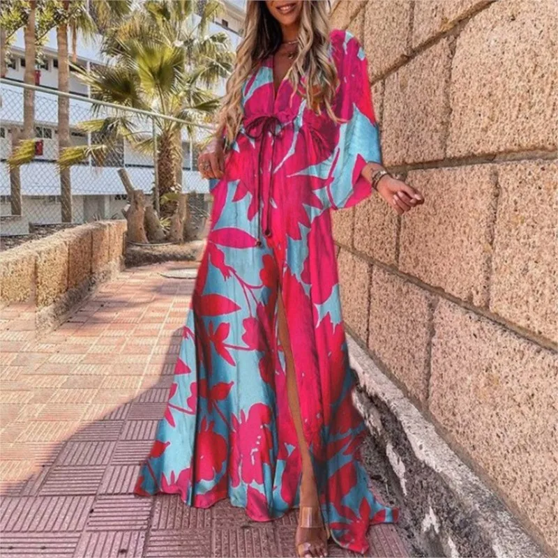 Moda donna Boho Stampa Maxi Beach Dress Estate Profondo scollo a V Elastico in vita Abiti da festa per le donne Robe Femal Vestidos