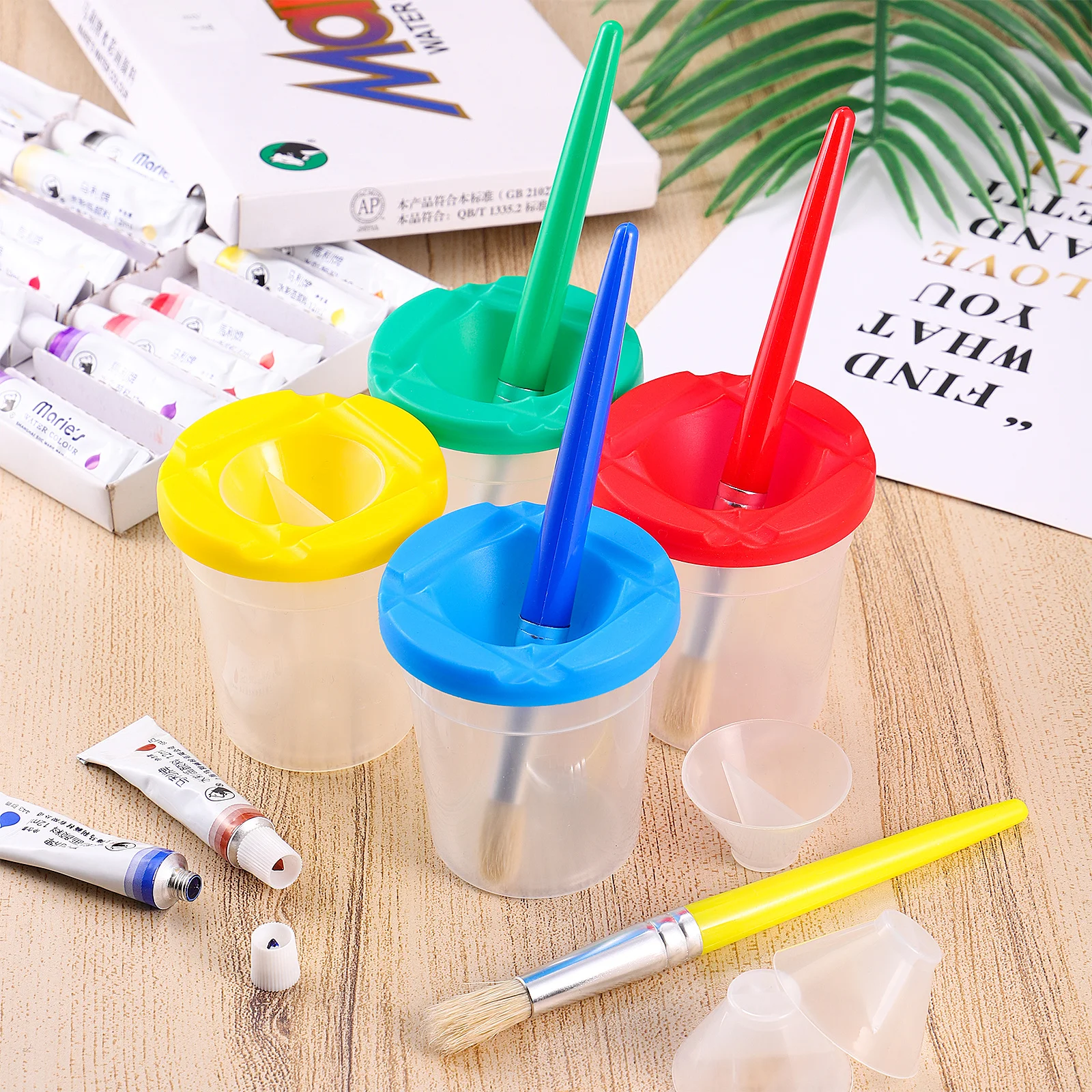 

4Pcs No Spill Paint Cups 4 Painting Brushes Art Set Durable Easy Assorted Colors Washable Art Class Tools