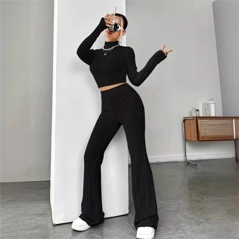 Women's Fashion High Neck Slim Top Bell-bottoms 2 Piece Set Spring Autumn Casual Elegant Long Sleeve Solid Color Base Layer Suit