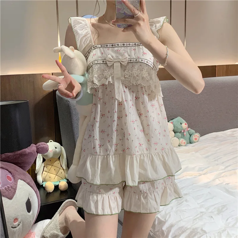 Summer Women's Pajama Set Cotton Strap Sleeveless Lace Shivering Bow Nightgown Contrasting Colors Lovely Laurie New Nightwear