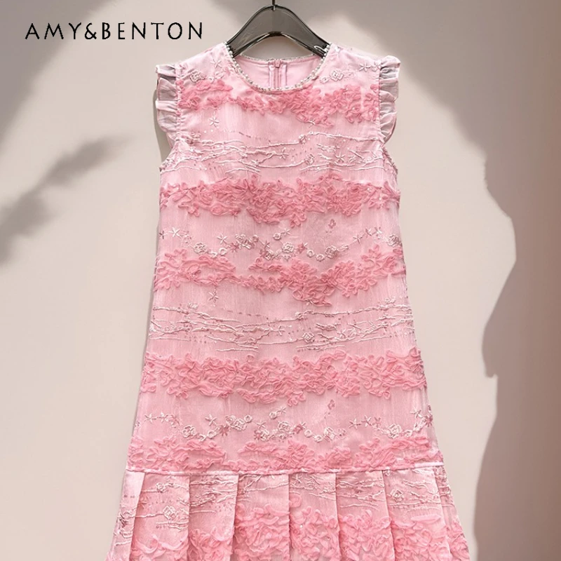 

New Age-Reducing Jelly Pink Sweet Tencel Floral Women's Tank Dress Korean Design Loose Fashion Pleated A-Line Dresses Ladies
