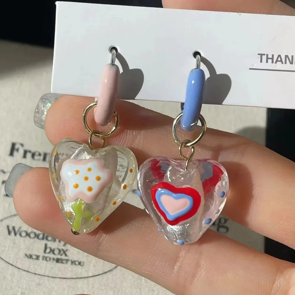 

New Asymmetrical Drop Earrings Enamel Flowers Heart Shape Hoop Earrings Colorful Women Jewelry