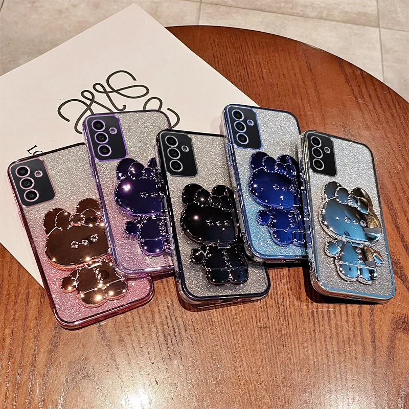 A34 Case For Samsung Galaxy A34 Luxury Gradient Glitter Makeup Mirror Rabbit Folding Stand Soft Silicone Back Cover Samsung A34