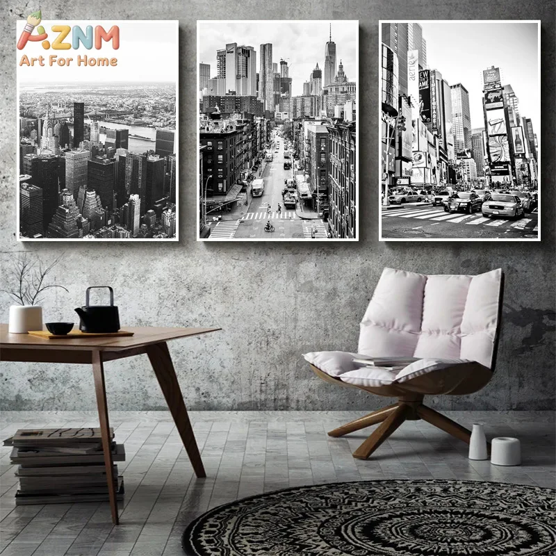 AZNM Black White New York City Canvas Wall Art Times Square Empire State Building Urban Landscape Home Decor Poster Unframed