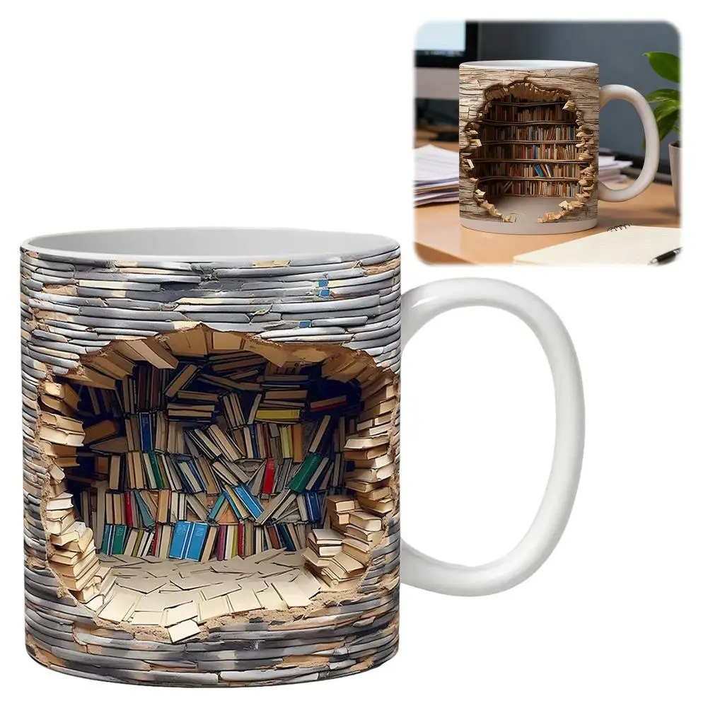 Taza de libro de biblioteca 3D, taza con estante de cerámica, diseño espacial creativo, taza multiusos, taza de café, taza de leche para estudio, regalo de cumpleaños para amigos