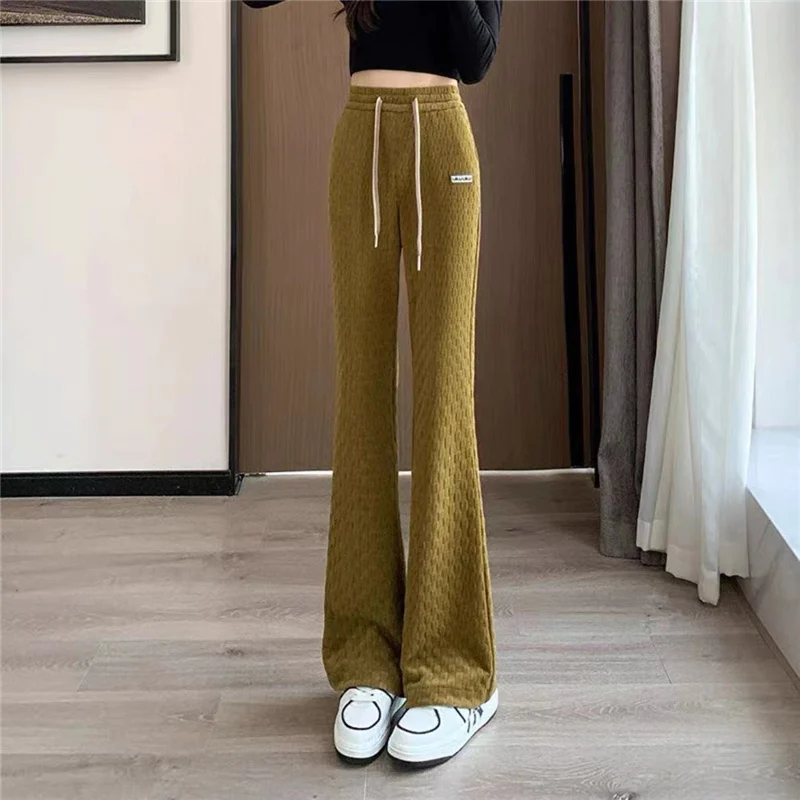 Autumn Winter Vintage Fashion Chessboard High Waist Slim Streetwear Straight Flare Pants Casual Solid Velvet Thick Warm Trousers