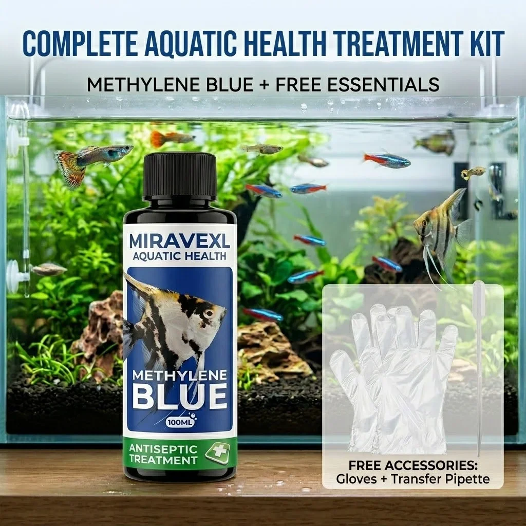100ml Methylenblau für Aquarien: Schnelle Behandlung gegen Ichthyophrys, Pilz- und Parasitenerkrankungen, Wasserpflege-Tropfen, Pipetten-Handschuhe – Detail 3