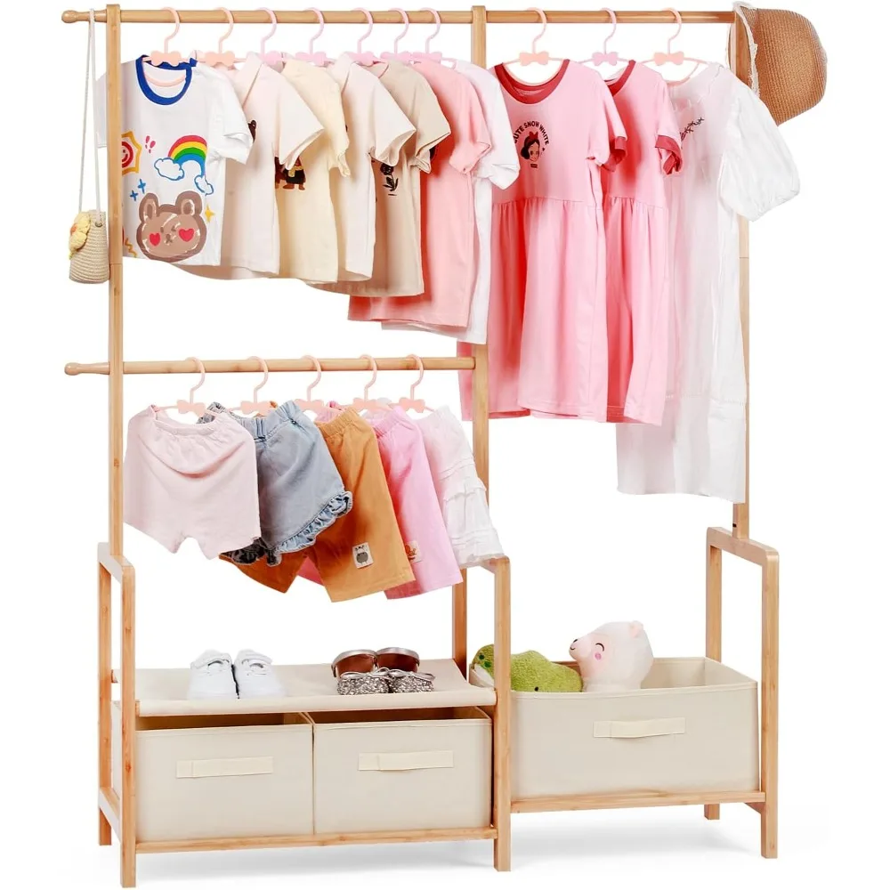 

Bamboo Kids Clothing Rack with Triple Hanging Poles, Child Dress Up Rack, Small Organizer GarmentRack with 3 Storage Bins, for C