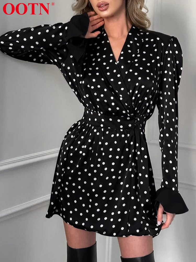 OOTN Polka Dot Dresses Women Casual Long Sleeve V Neck Slim Print Dress Female Elegant Office 2024 Autumn Fashion Party Chic