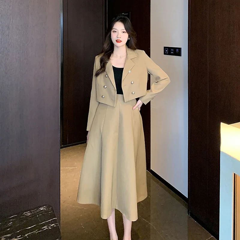 

Insozkdg Fashion Women Suit Jacket Skirt High-Level Double-breasted Slimming Office Lady Tops Over-the-Knee Skirt Two-piece Set