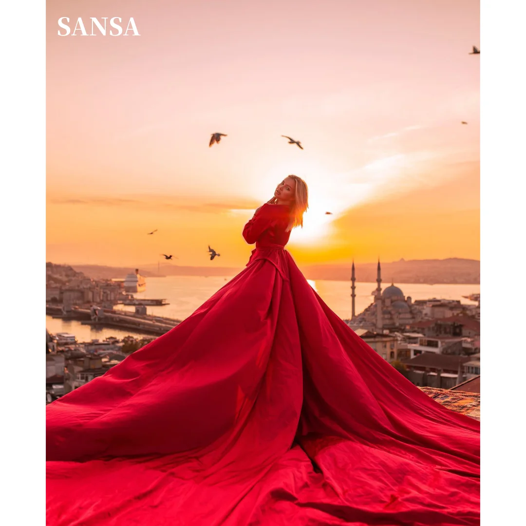 Sansa Long Sleeve Satin فساتين السهرة Flying Red Vestidos De Noche Elegant Travel Prom Dresses 2024