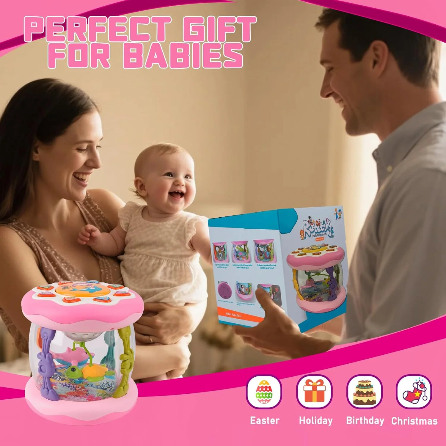 インタラクティブミュージックライトローラー360 °   回転するライトが赤ちゃんの歩行学習を促進するおもちゃ、つかむことと這うことを学ぶおもちゃ