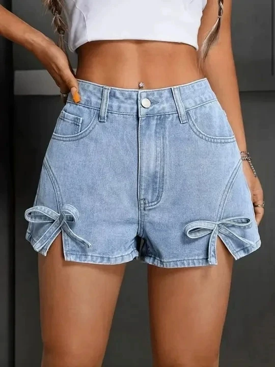 High-Waisted Retro European American Style Bow Denim Split Shorts Summer Fashion