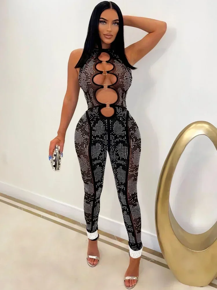 

GUWU Fashipon Diamond Cut Out Sleeveless Bodycon Women Jumpsuit Sexy Hollow Out Hole Geometric Slim Club Party Romper Overalls
