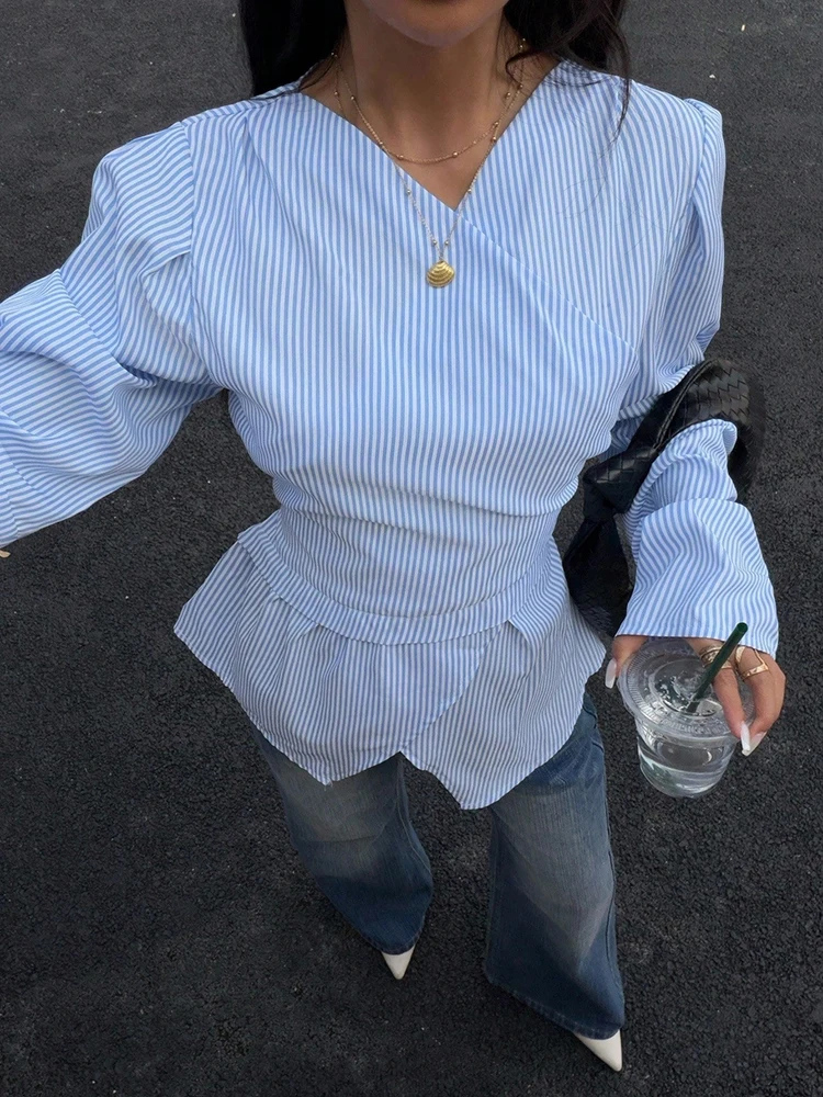 2026 Autumn New Simple Women's Slim Tops Casual V-neck Irregular Long Sleeve Shirts Elegant Lady Stripe Printed Commute Blouse