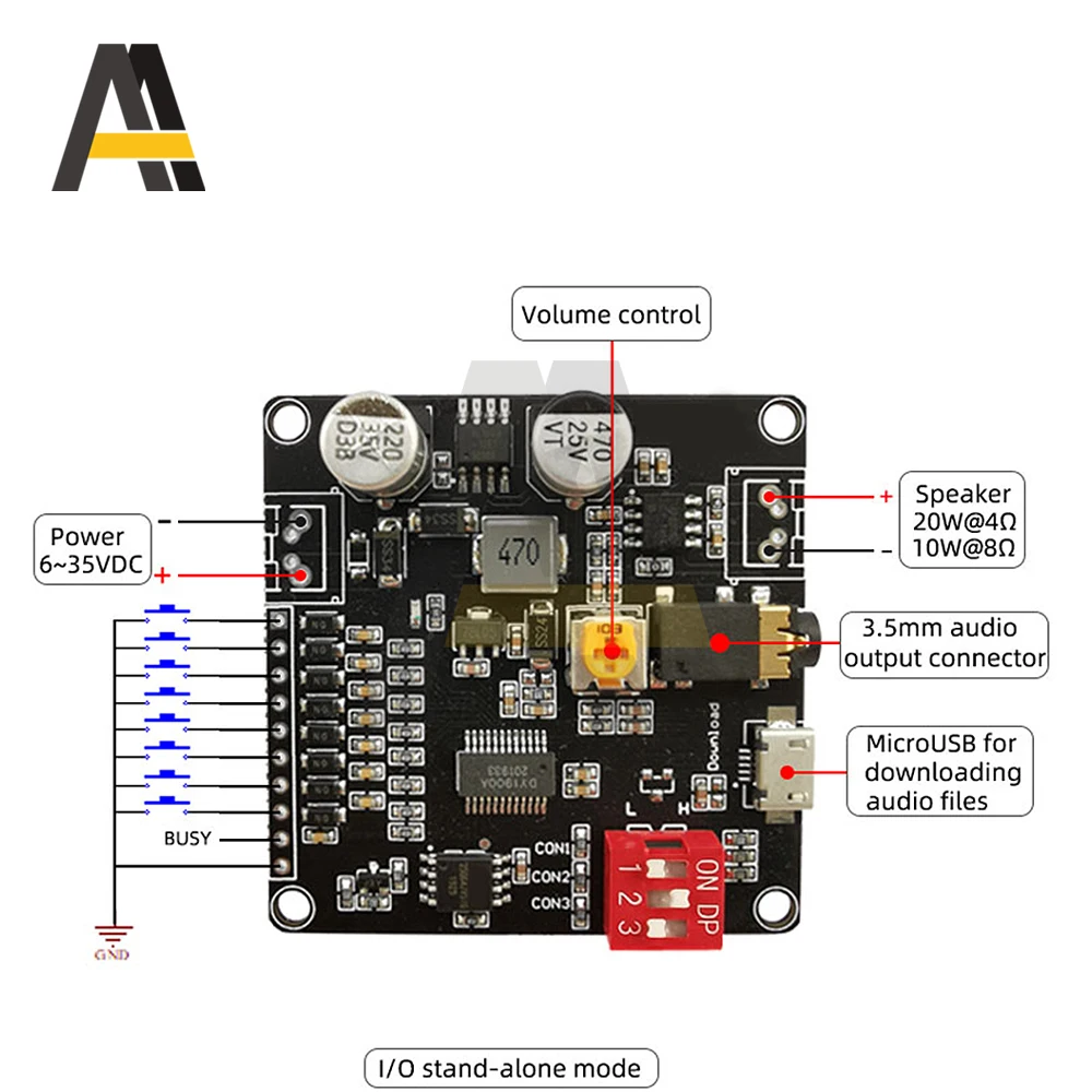 Module de lecture vocale 12V/24V, déclencheur 1 à 1, contrôle de port série, 10W/20W, lecteurs d'amplificateur de classe D, haut-parleurs 4Ω/8Ω, prise en charge MP3 WAV