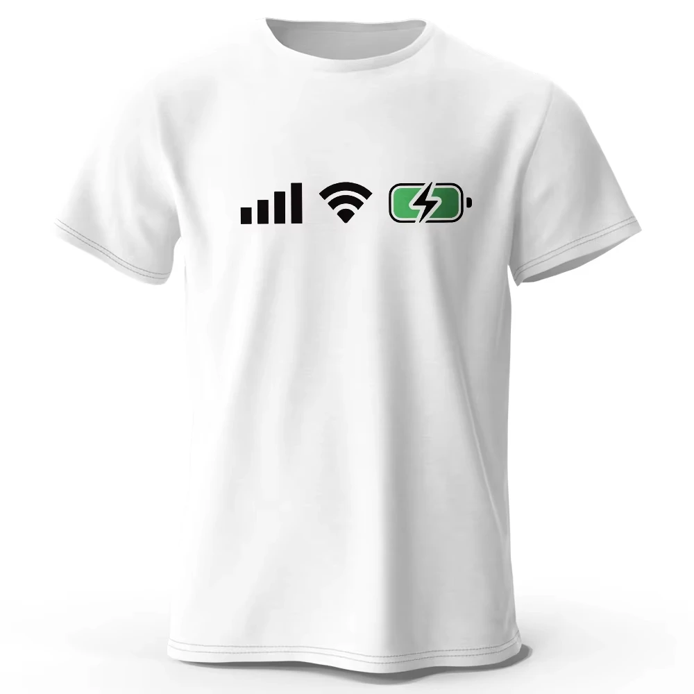 Unisex Oversized  Cotton WiFi Signal Battery Graphic T-Shirt, Digital Tech Casual Streetwear Summer Short Sleeve Top