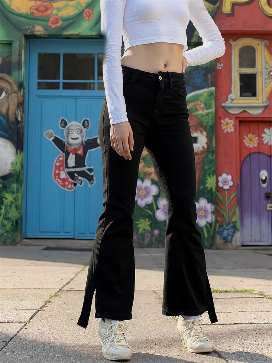 

Джинсы с расклешенным подолом и разрезом, женские потертые широкие брюки, эластичные лоскутные рваные джинсы с высокой талией, плиссированные карманы, современные