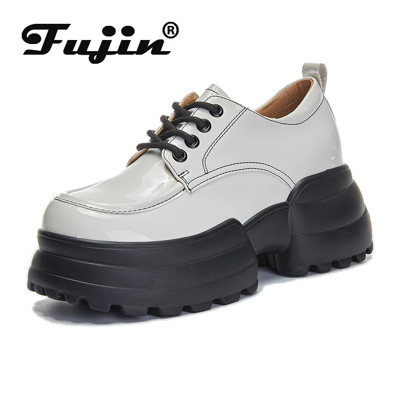 Fujin 8cm New Patent Microfiber Leather Durable Ankle Boots Motorcycle Autumn Platform Wedge Pumps Spring Women Mary Jane Shoes