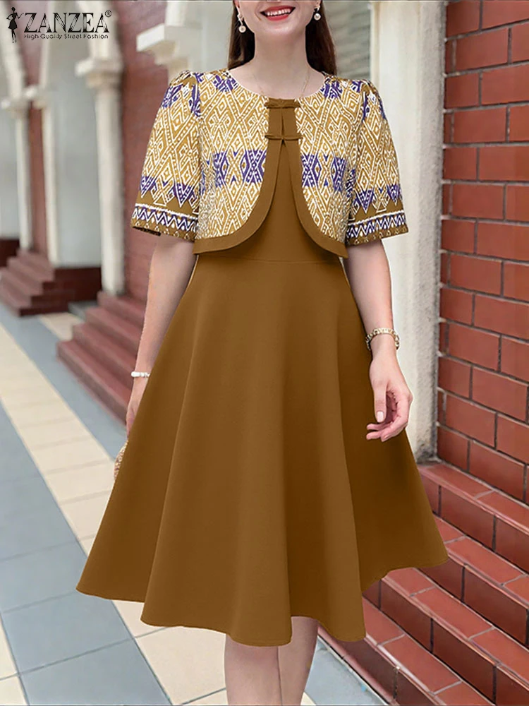 

ZANZEA Lady Fake-Two-Piece Vestidos de Mujer 2025 O-Neck Vintage Printing Women Robes Femme Elegant Short Sleeve A-Line Dresses