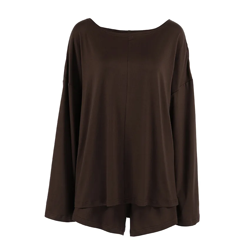 Spring Thin Breathable Long Sleeve Pajama Top & Relaxed Lounge Shorts Sexy Solid White Loose Women Sleepwear 2PCS Suit