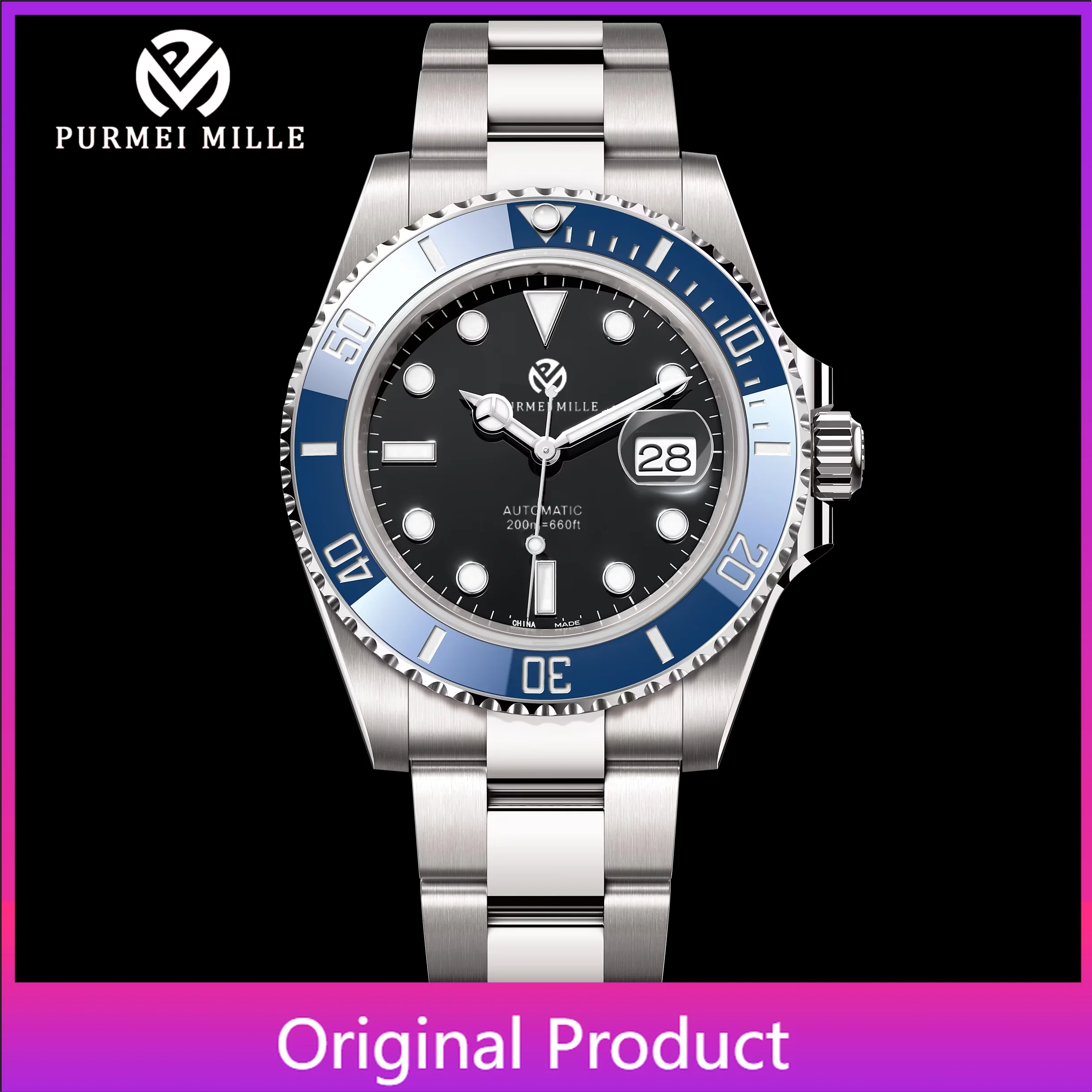 

PURMEI MILLE Luxury 20bar Waterproof Automatic Mechanical Men Watches Stainless Steel Sapphire Mirror Ceramic Ring Watch for Men