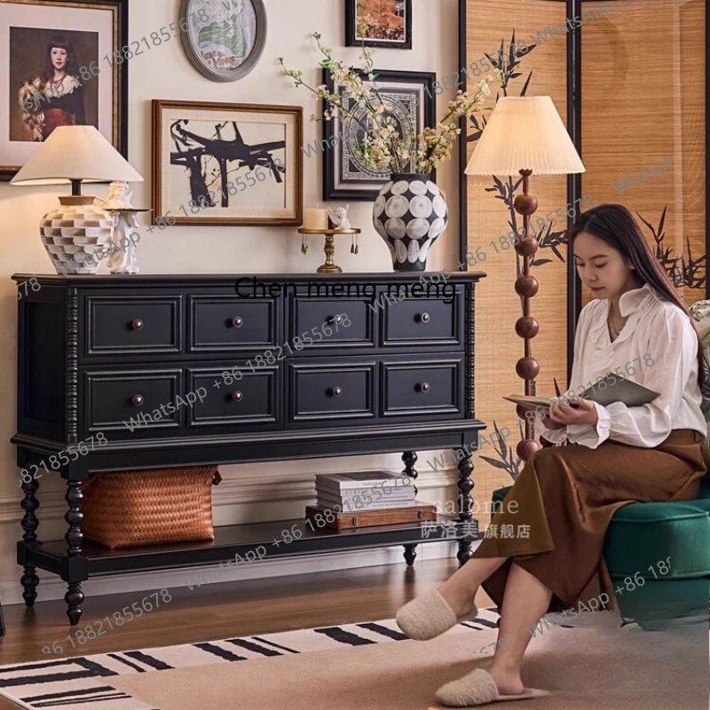 

French retro solid wood chest, living room wall storage, medieval entrance side cabinet, partition side cabinet