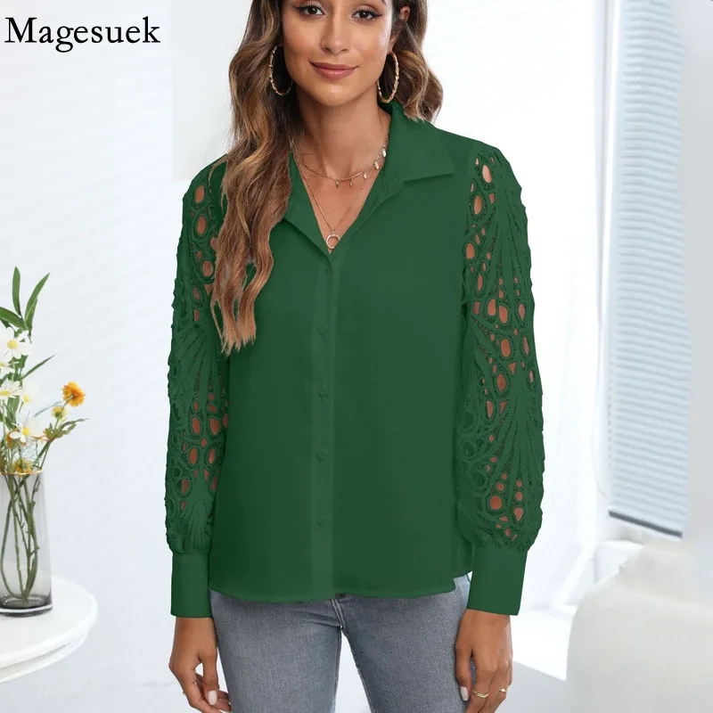 

Hollow Out Long Sleeve Shirt Fashion Lace Blouse Women Office Button Tops Casual Loose 2022 Spring and Summer Clothes 22627