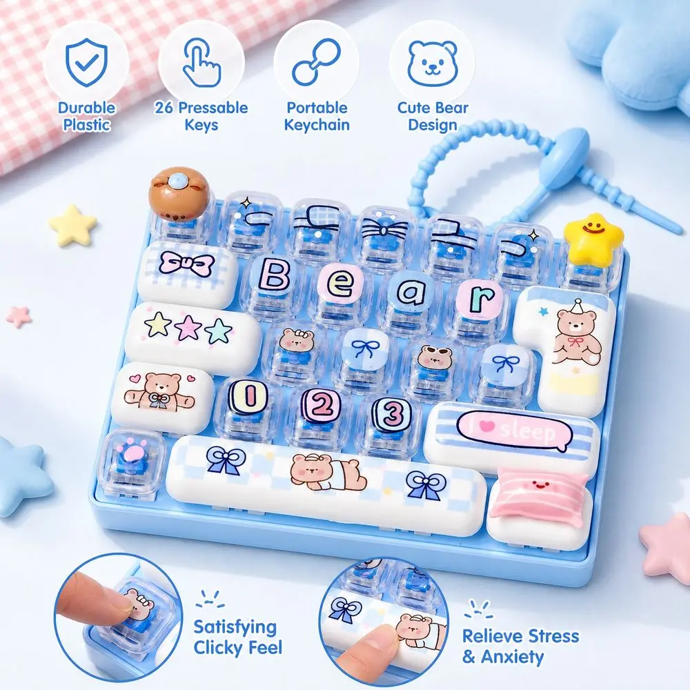 New 26 Key Stress Relief Decompression Plastic Blue Keyboard Multi-Button Cartoon Bear Fidget Keychain Bag Ornament