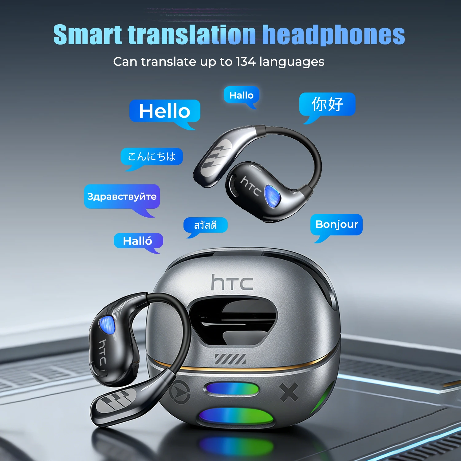 Auriculares Traductor de Idiomas 2026 HTC NE69 AI, Auriculares Inalámbricos con Traductor en Tiempo Real, BT6.0, Baja Latencia para Juegos, Sonido HiFi