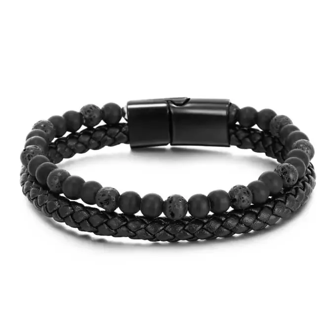 Vintage Volcanic Stone Friction Leather Bracelet Alloy Double Layer Braided Leather Rope Natural Volcanic Stone Beaded Bracelet