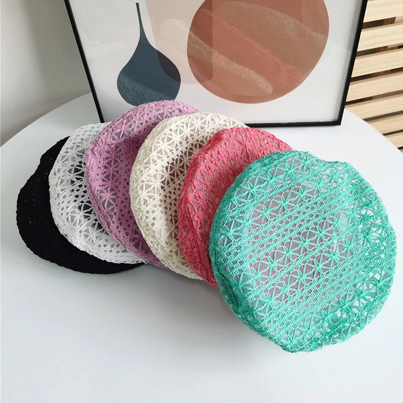 Multi Colored Summer Crochet Beret for Women Slouchy Breathable Lace Beret Hat Cutout Floral Beanie Cap Head Covering Cotton Hat