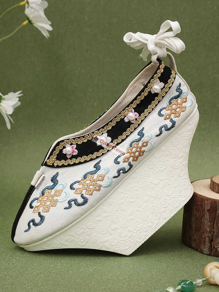 Opera's Bloempot Bodem Schoen Manchu Noble Flag Schoen Palace Keizerlijke Concubine Schoenen Paard Gezicht Rok Dikke Bodem Schoeisel
