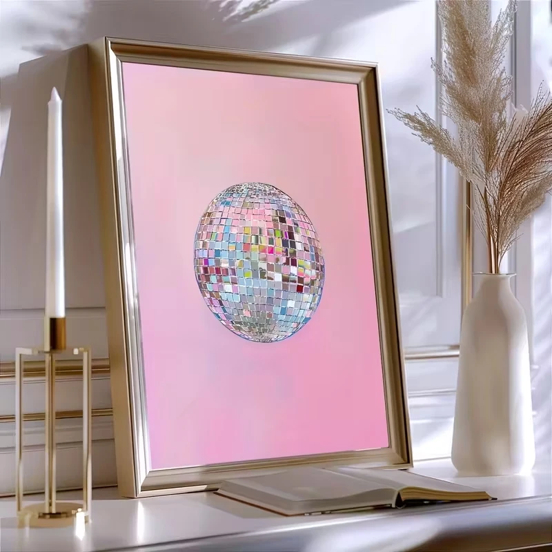 

Minimalist Canvas Paintings, Silver Disco Balls, Smooth and Bright Pink Girl Posters, Nordic Living Room Wall Home Decorations