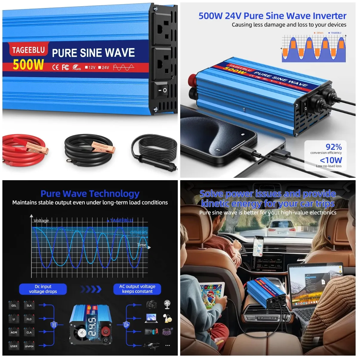 

500W 24V Pure Sine Wave Inverter, 24V DC to 110V/120V AC Car Power Inverter with 2 AC Outlets & LCD Display