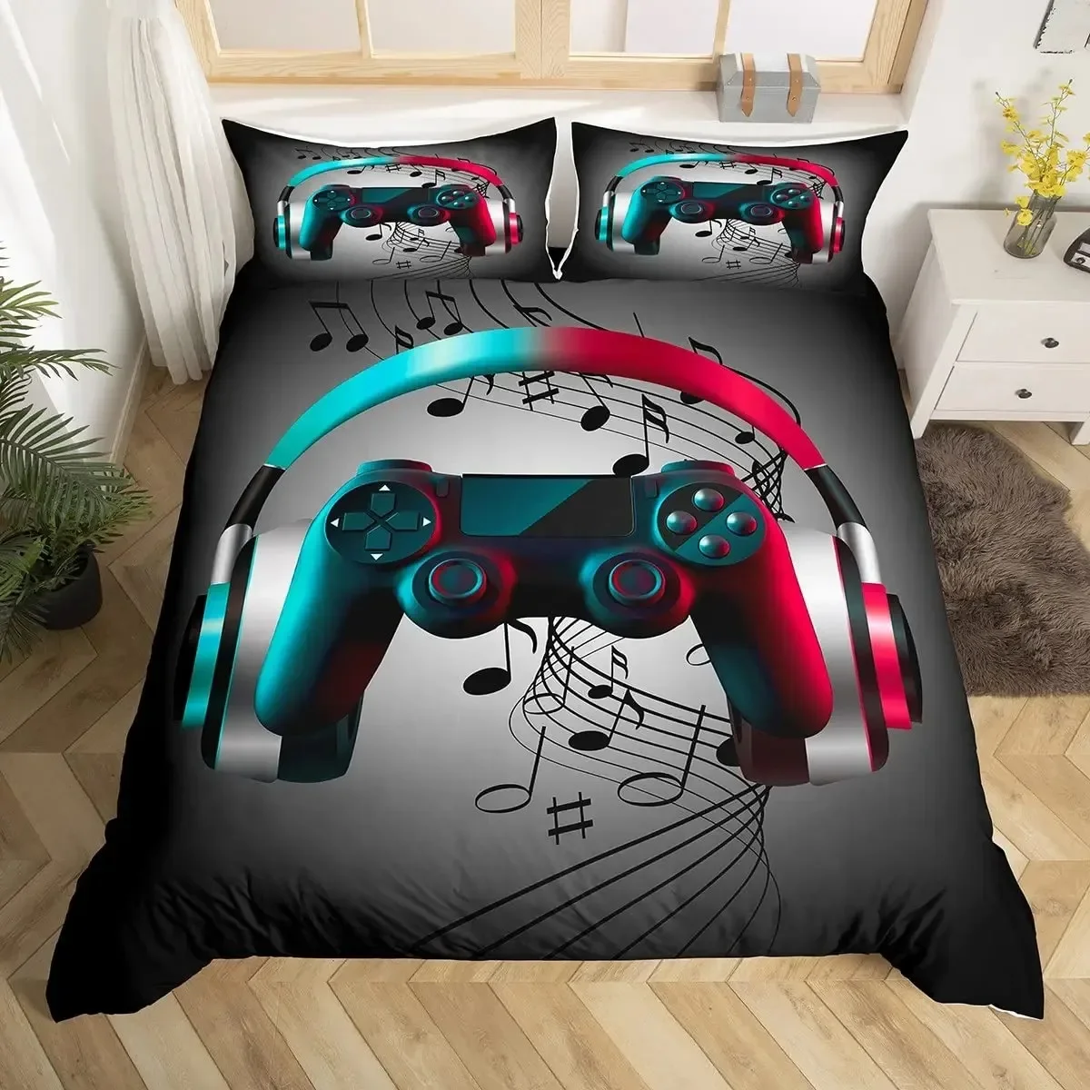 

Gamer Duvet Cover Set Rotating Music Comforter Cover Gamepad Gaming Bedding Set for Boys Headphone Bedspreads Cover Queen Size