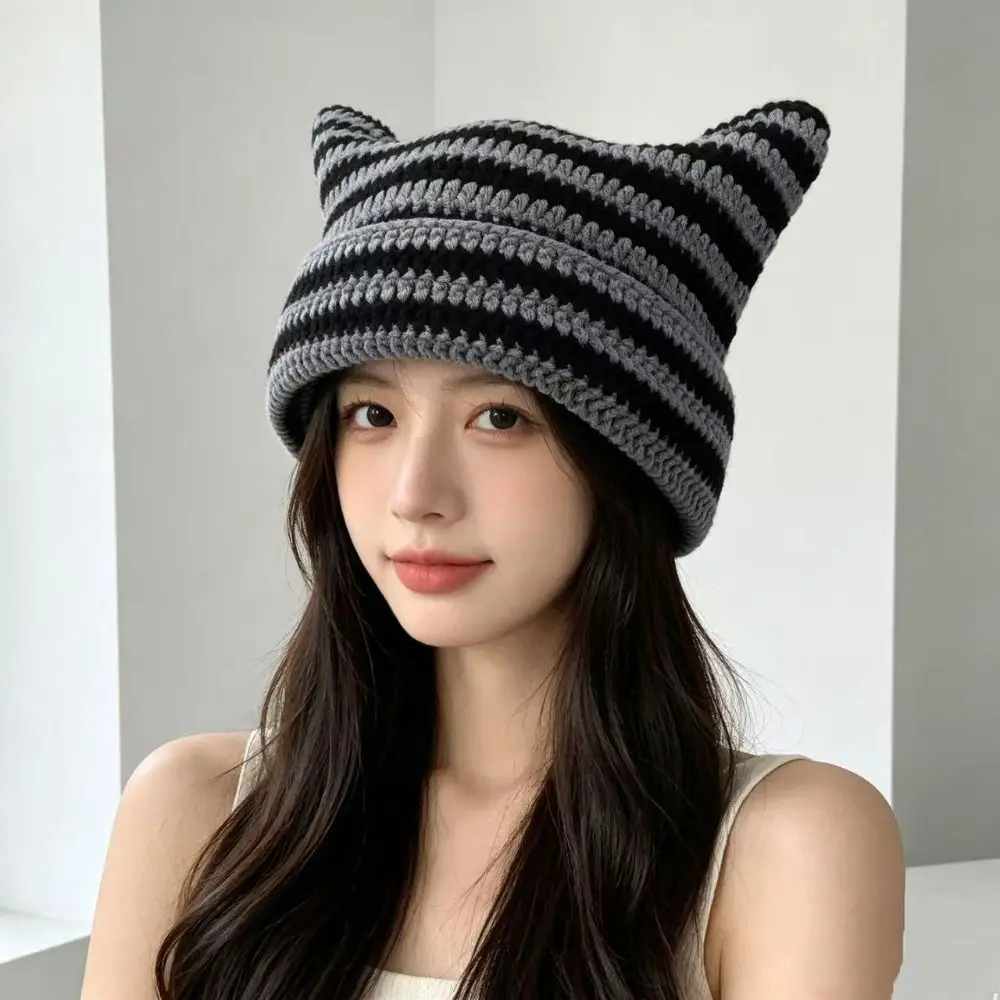 Fashion Y2K Cat Ears Beanie Hats Warm Cute Stripe Knitted Hat Wool Ear Protection Little Devil Cap Girls