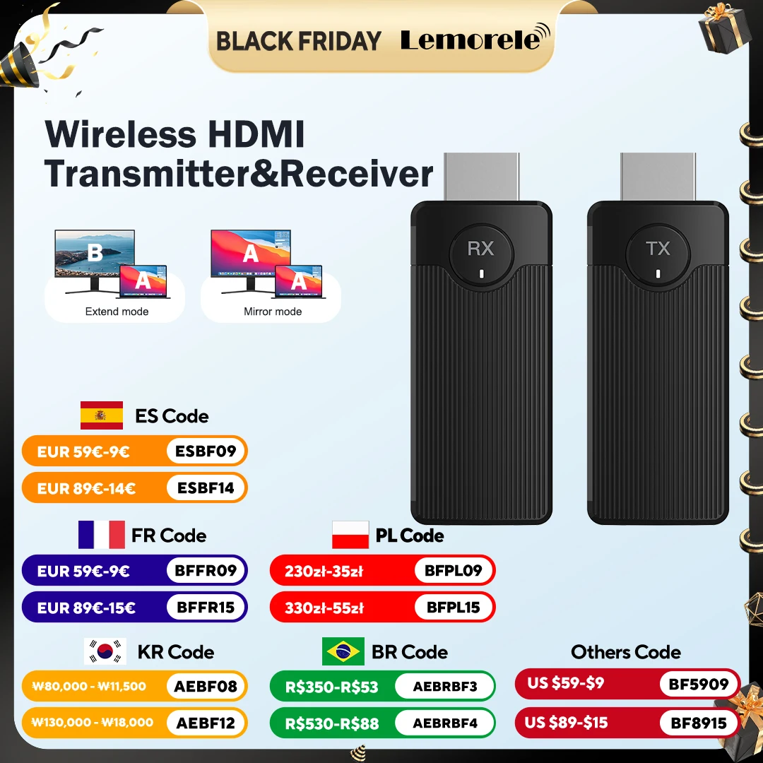 

Lemorele Q50 Wireless HDMI Video Transmitter and Receiver Extender Kit Display Adapter Dongle for TV Monitor Projector Switch PC