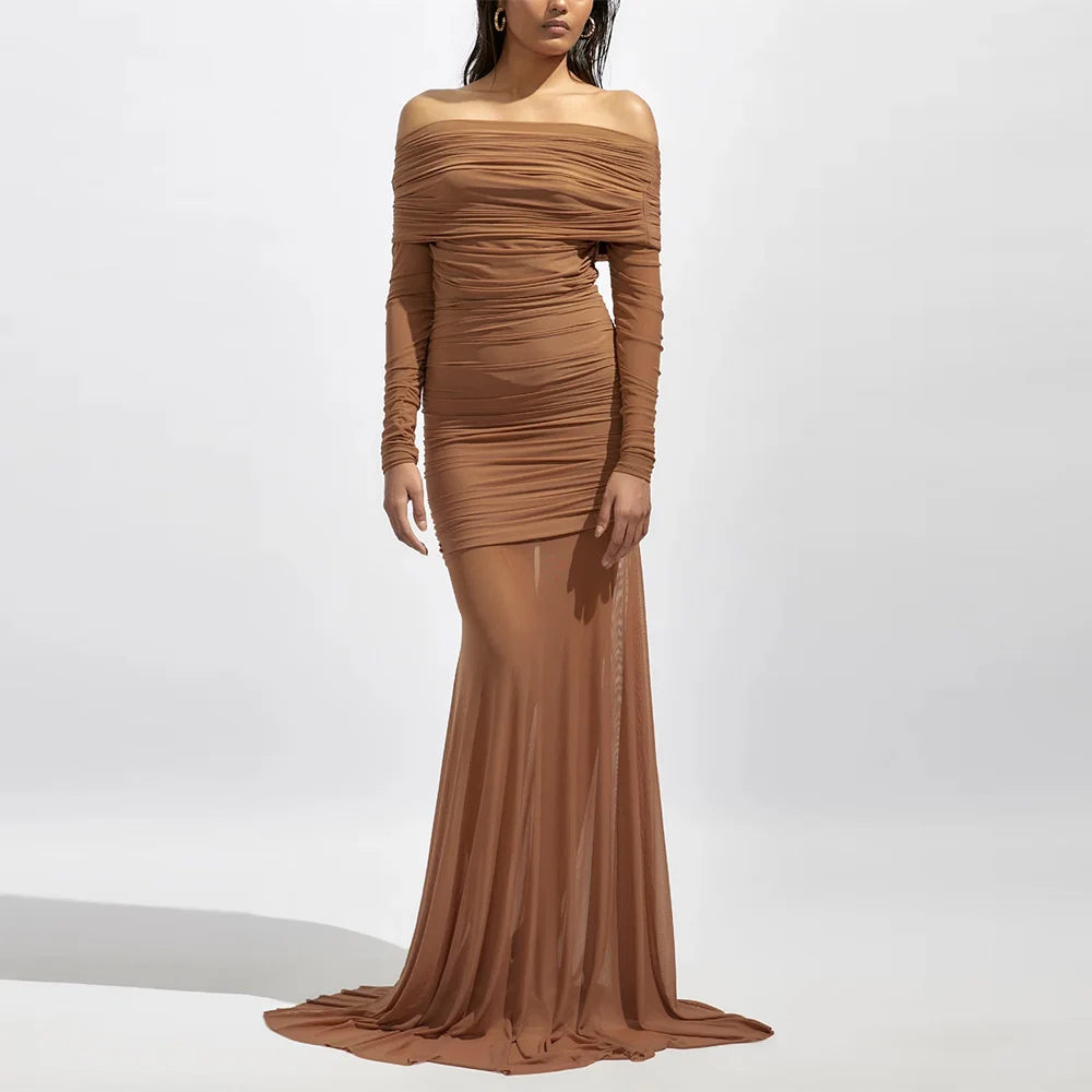 Elegant Dresses for Special Events Spandex Mermaid/Trumpet Prom Dress Brown Off-the-shoulder Pleat Bespoke Occasion Long Gown