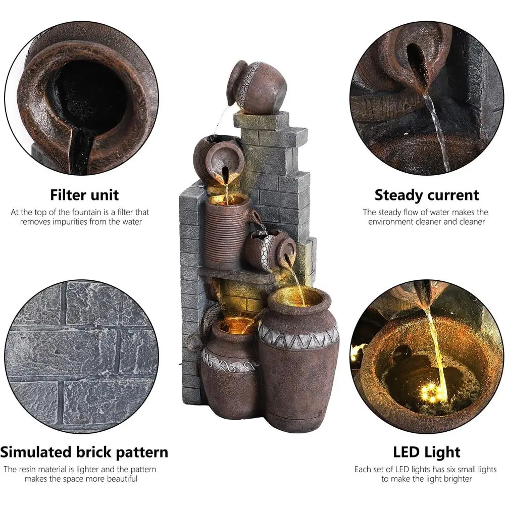 6-Tier Outdoor Indoor Resin Floor-Standing Cascading Water Feature Fountain with LED Lights, Garden Deck Patio Porch Backyard Co