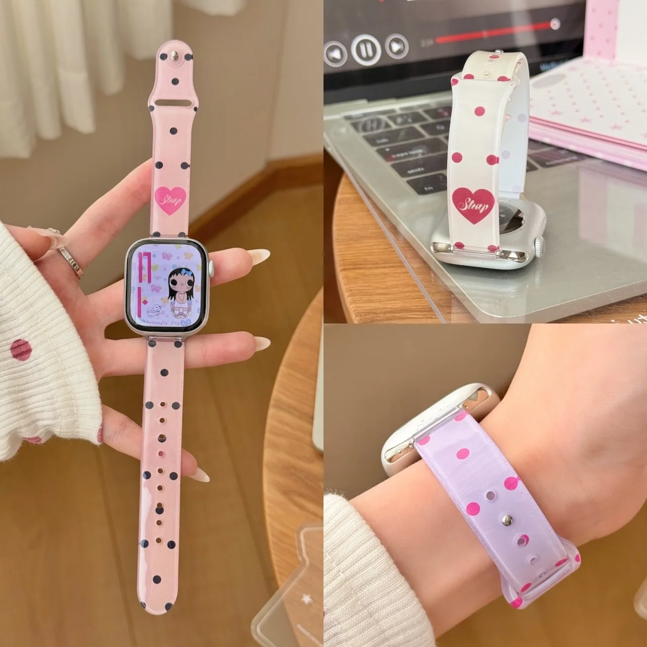 Cute Polka Dot Heart Printed Silicone Strap For Apple Watch Ultra SE 11 10 9 8 7 Sweet Transparent Jelly Ladies Wristband