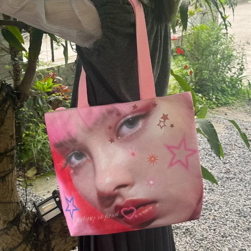 

Y2k Style Facial Print Tote Bag Pink Shoulder Bag Large Capacity Shopping Bag Street Style Unique Graphic Design Tote For Women