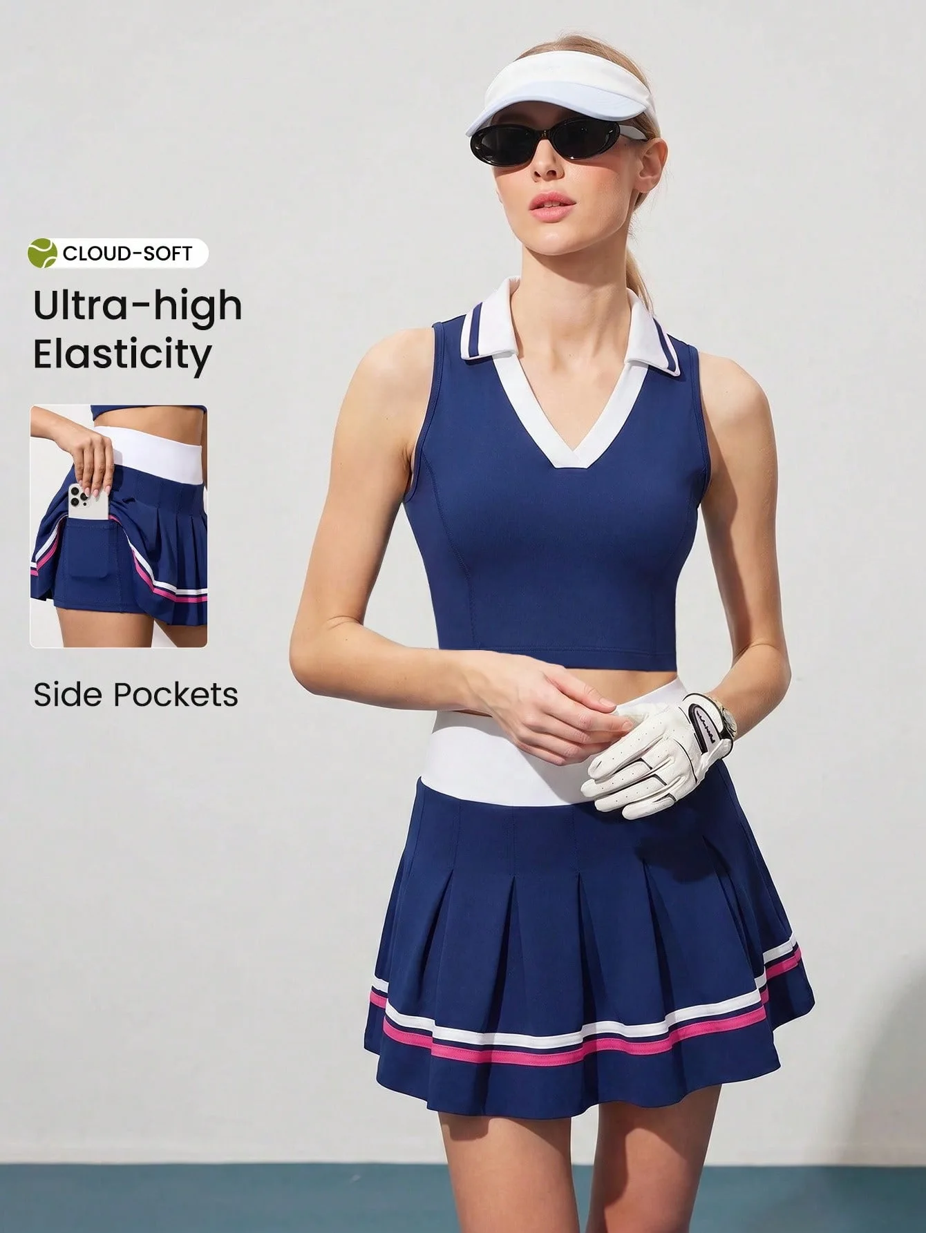 Women 2‑Piece Striped Tennis Set V‑Neck Cropped Polo Tank Top Pleated Skort Built‑in Safety Shorts For Tennis Pickleball Fitness