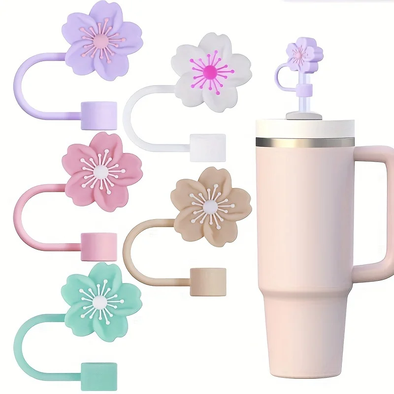 5 Stück Silikon-Strohhalmspitzen, Sakuras-Design, Staubschutzhüllen für 10 mm Becherstrohhalme, niedliches Blumen-Sport-Reisebecher-Zubehör