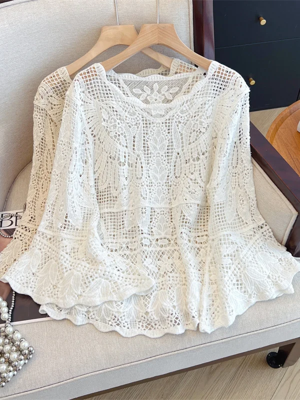 Stunning Lace irt Long Sve Hollow out Beautiful Belly Covering Bell Sve Cover up Top for plus Size Women Summer New A...