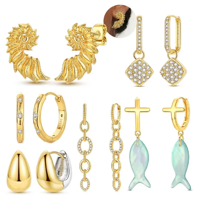 Boucles d'oreilles clous originales en forme de croix de coquillage et de goutte de poisson, plaquées argent, pour femme, cadeau idéal pour la Saint-Valentin et les anniversaires, bijoux et accessoires raffinés