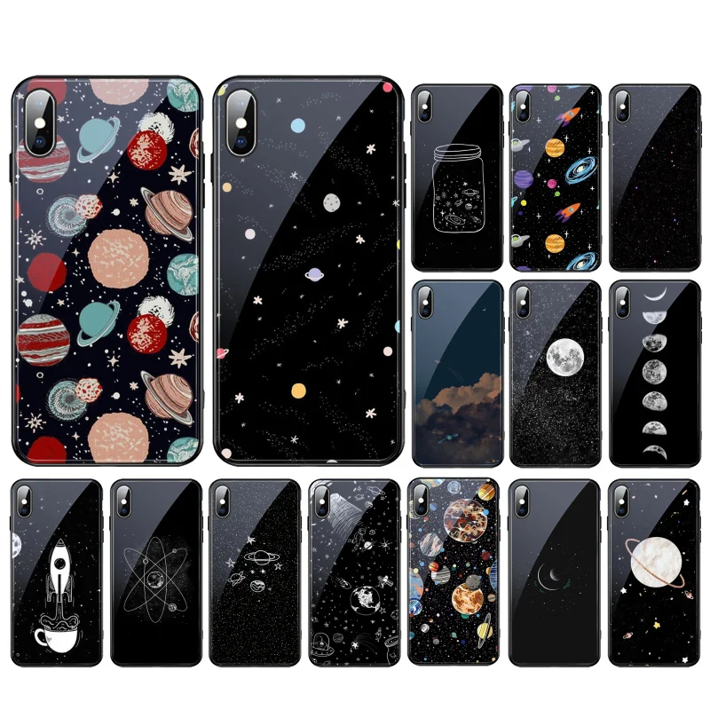 

Cartoon Space Planet Glass phone case For iphone 15 14 13 Pro Max 12 11 Pro Max XS Mobile Phone Case Funda