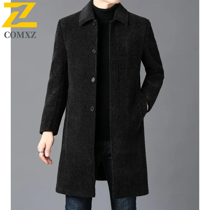 

Мужское шерстяное пальто с модными лацканами, уличная офисная утолщенная теплая парка длиной до колена, деловые морозостойкие зимние шерстяные куртки