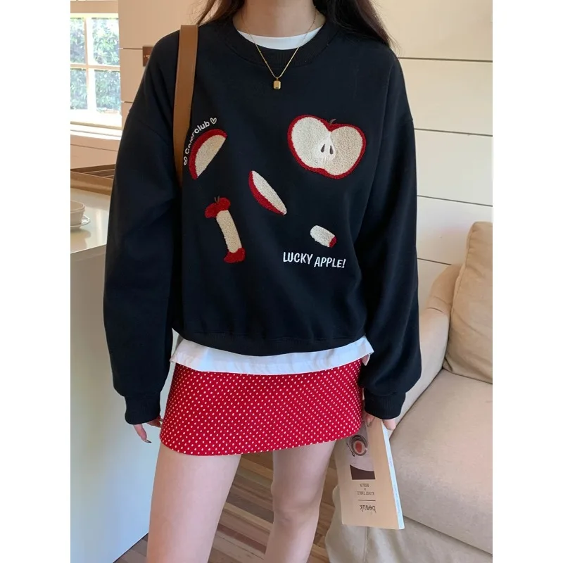 Apple Pattern Embroidery Decor Hoodie O-neck Top Fashion Casual Woman Sweatshirts Autumn Winter Hooded Shirt